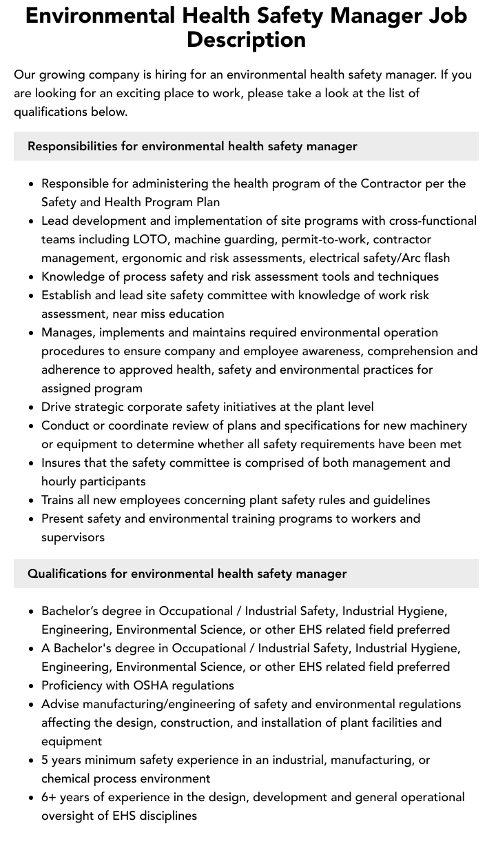 Environmental Health Safety Manager Job Description Velvet Jobs