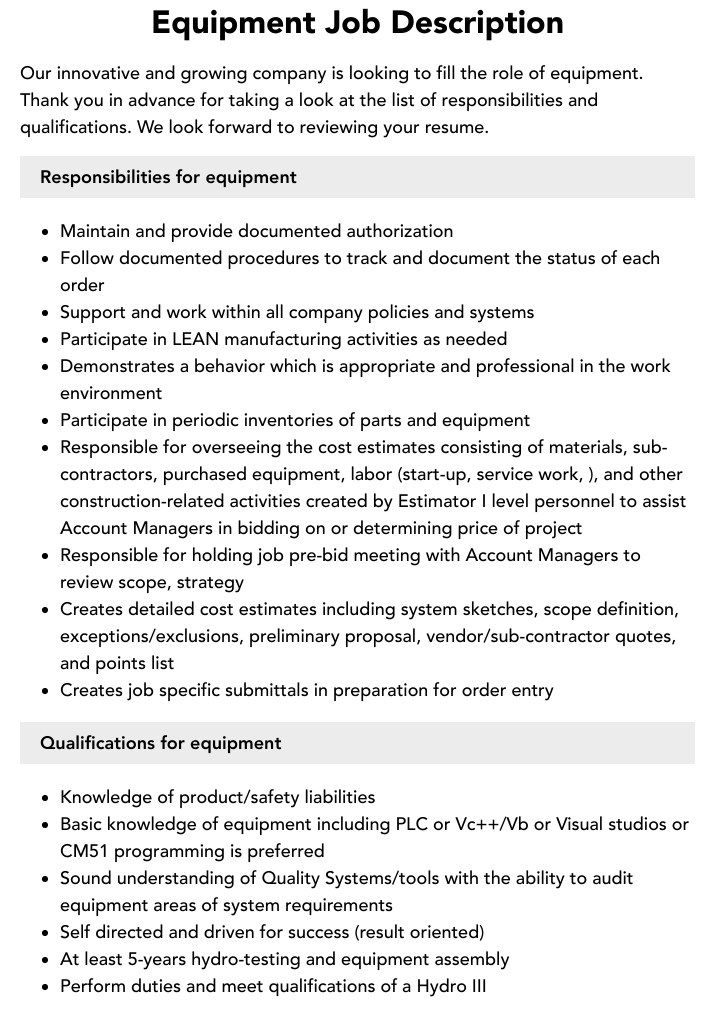 Equipment Job Description Velvet Jobs