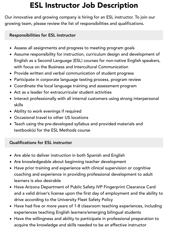 ESL Instructor Job Description Velvet Jobs