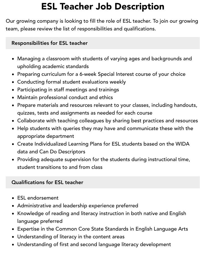 World Language Teacher Job Description