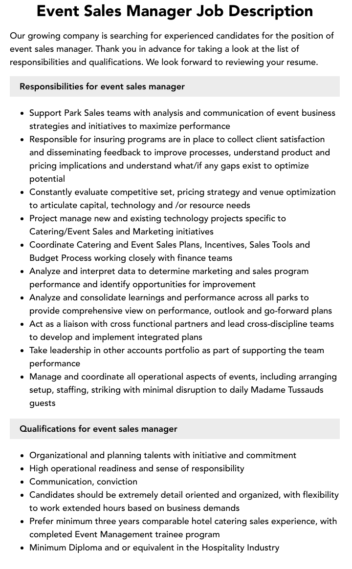 Event Sales Manager Job Description Velvet Jobs