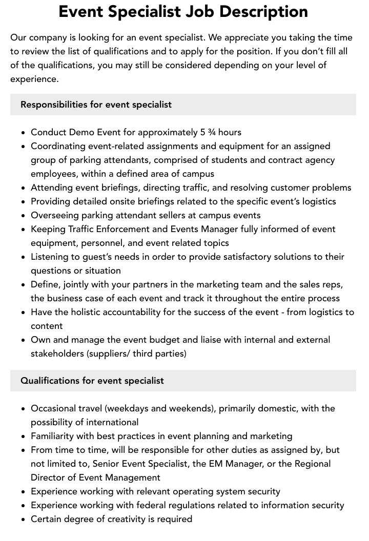 Event Specialist Job Description Velvet Jobs