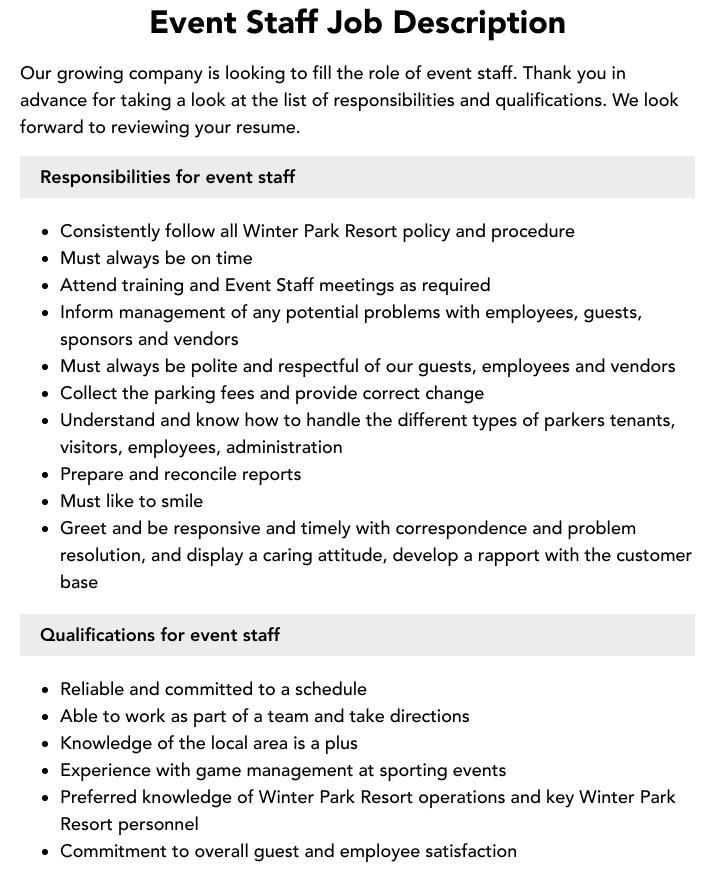 Event Staff Job Description Velvet Jobs