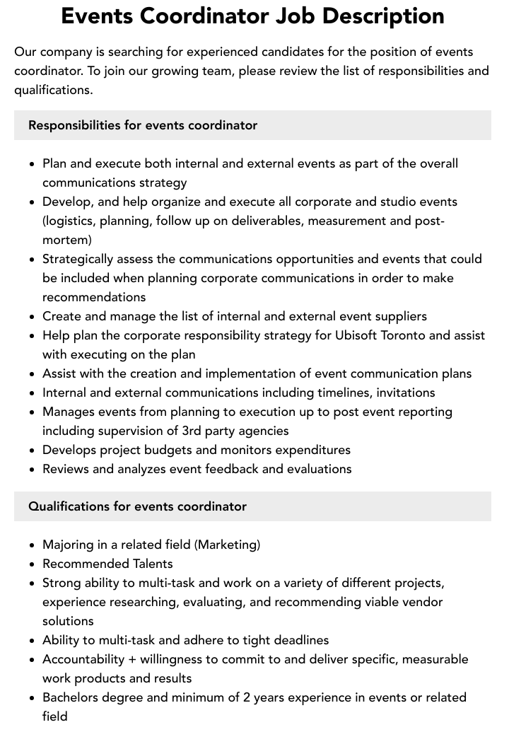 Meeting And Events Coordinator Job Description