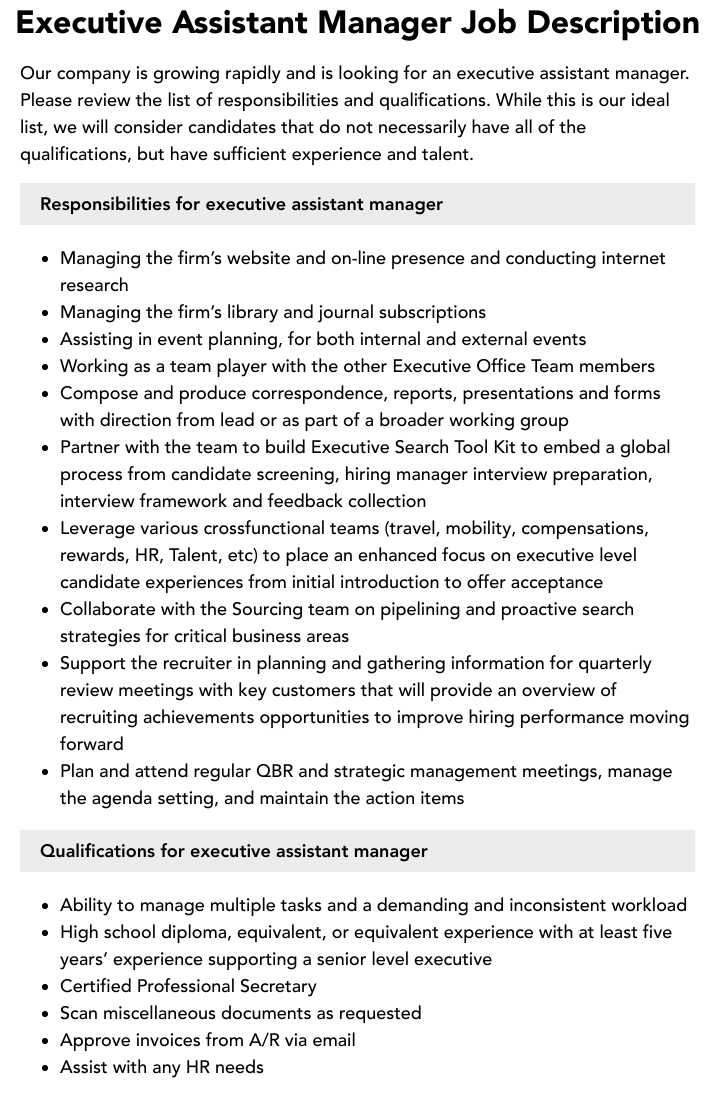 Executive Assistant Manager Job Description Velvet Jobs