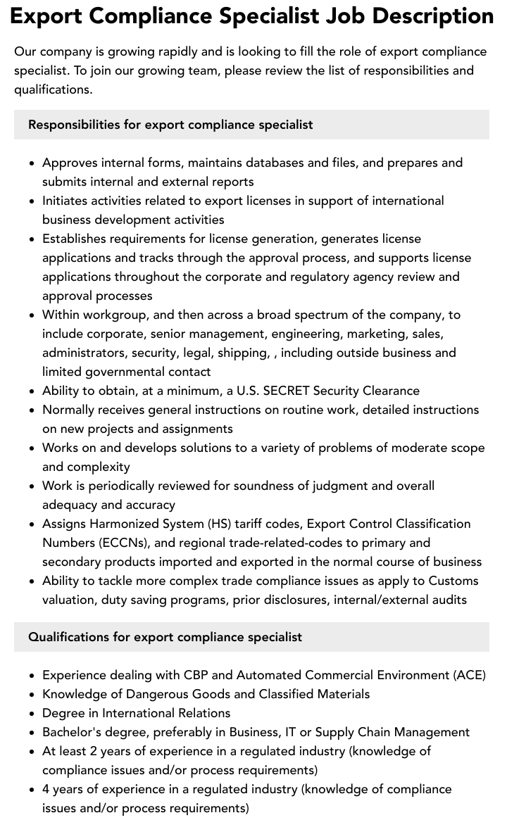 Export Compliance Specialist Job Description Velvet Jobs