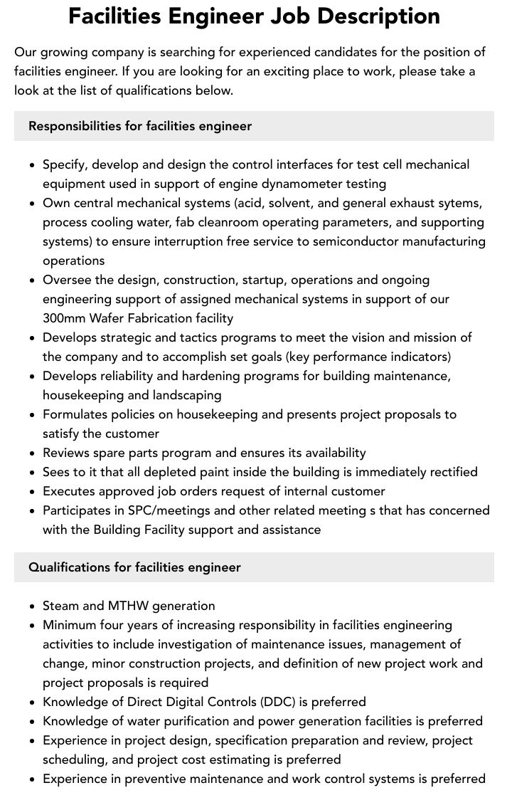 Facilities Engineer Job Description Velvet Jobs