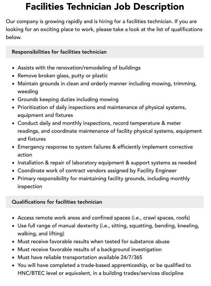 Facilities Technician Job Description Velvet Jobs