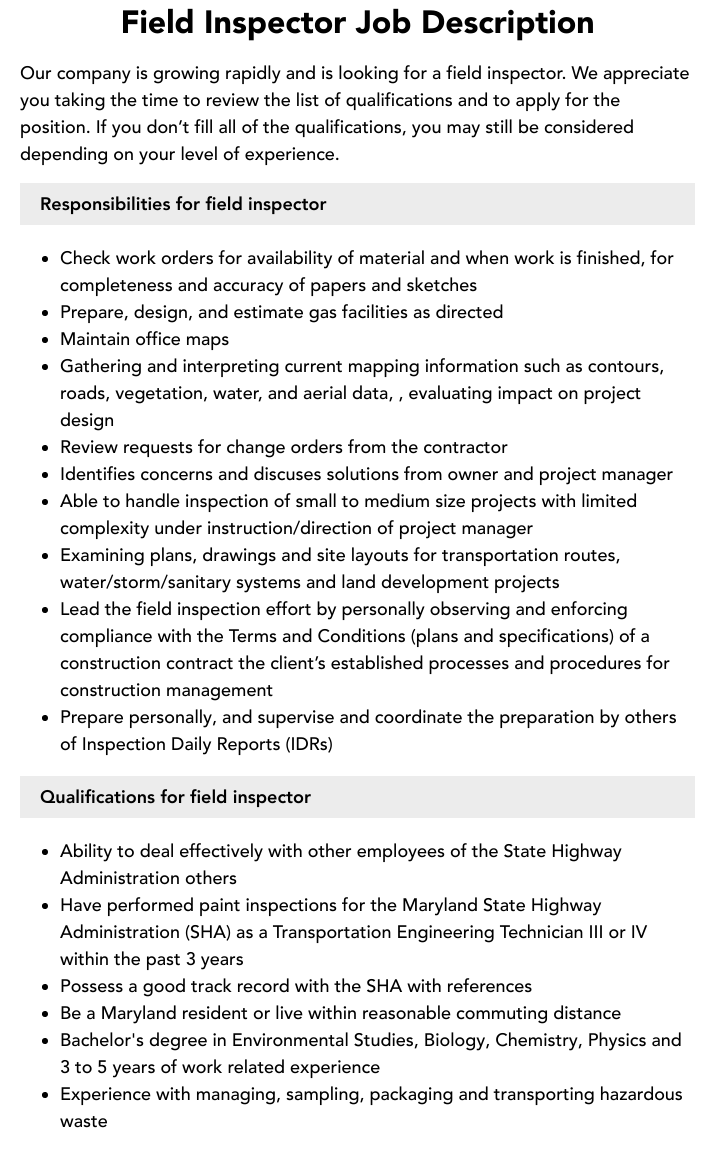 Field Inspector Job Description Velvet Jobs