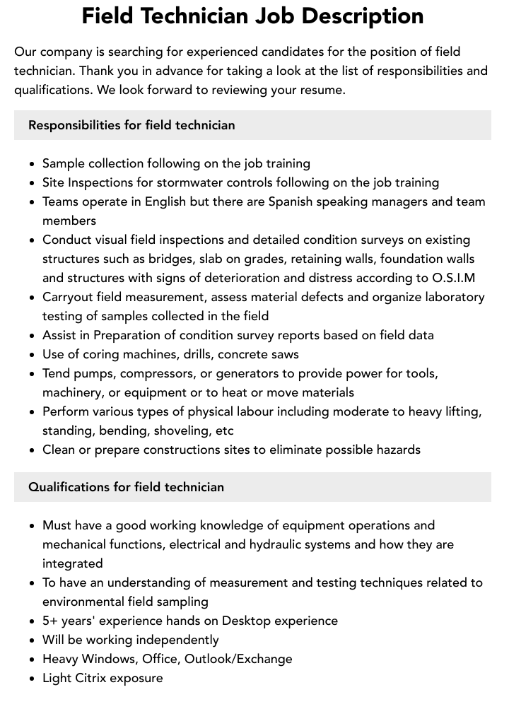 Field Technician Job Responsibilities