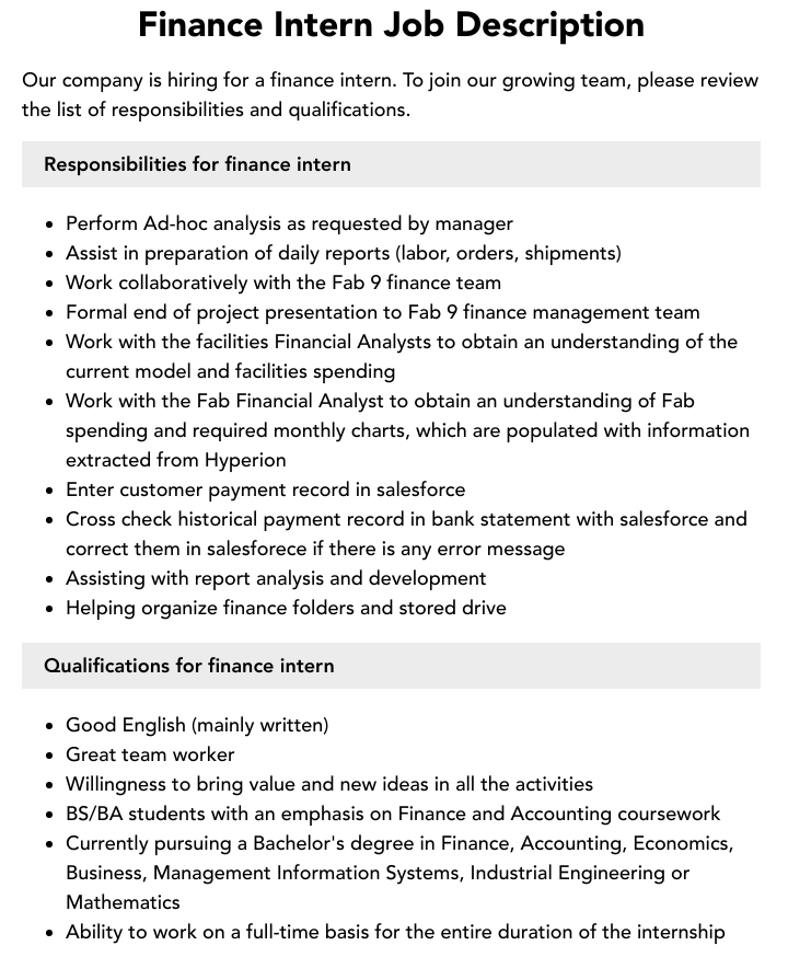 Finance Intern Job Description Velvet Jobs