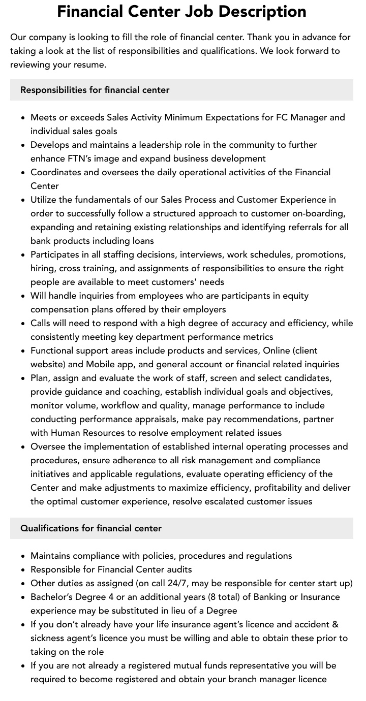 Financial Center Job Description Velvet Jobs