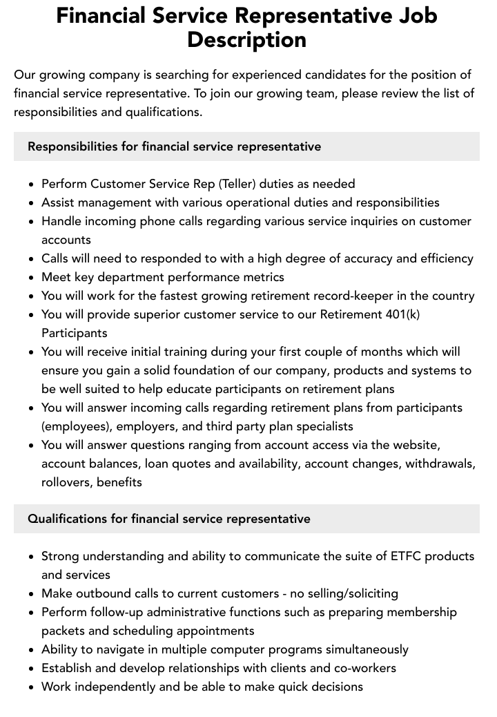 Financial Service Representative Job Description Velvet Jobs