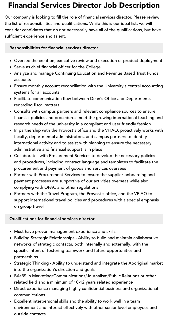 Financial Services Director Job Description Velvet Jobs Financial Services Director Job Description Velvet Jobs