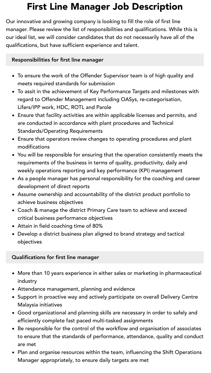 First Line Manager Job Description Velvet Jobs