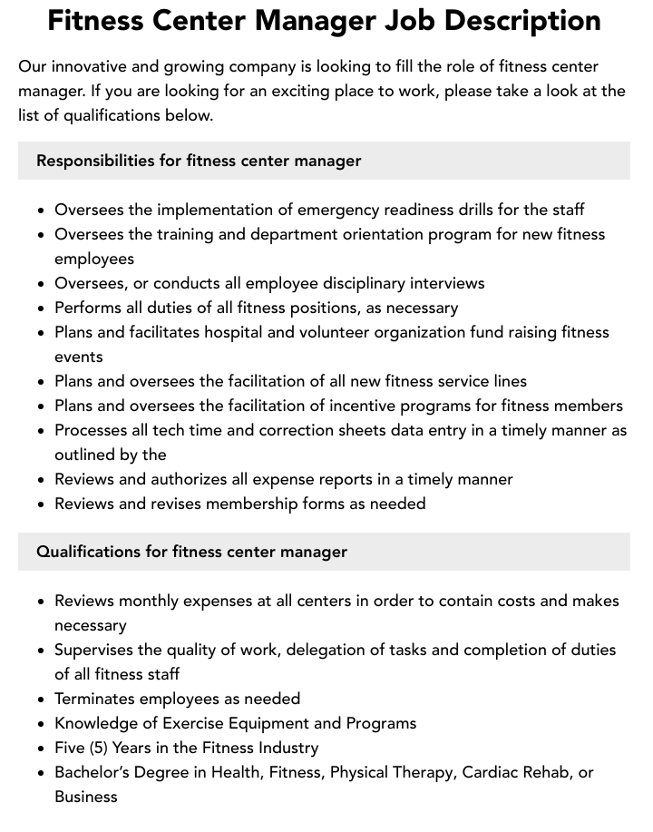 Fitness Center Manager Job Description Velvet Jobs Fitness Center Manager Job Description Velvet Jobs