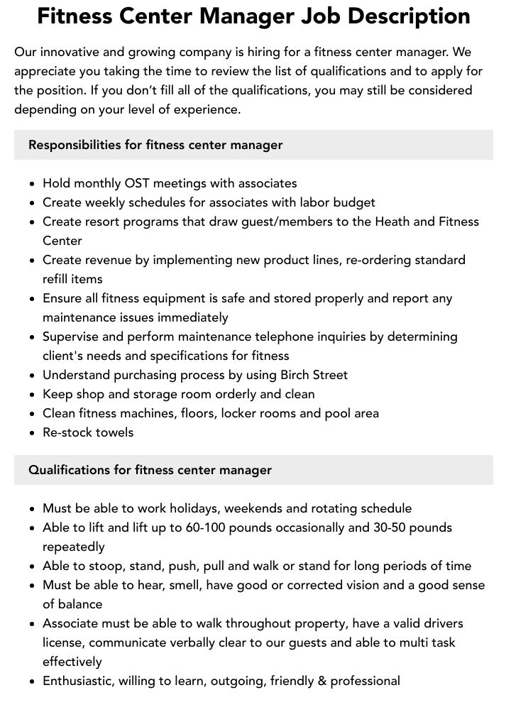 Fitness Center Manager Job Description Velvet Jobs
