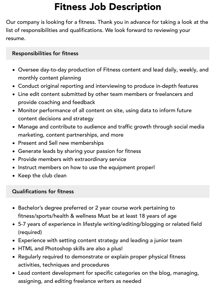 Fitness Job Description Velvet Jobs