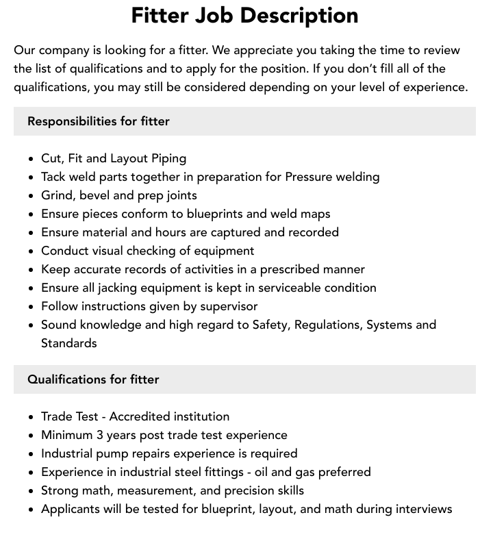 Fitter Job Description Velvet Jobs
