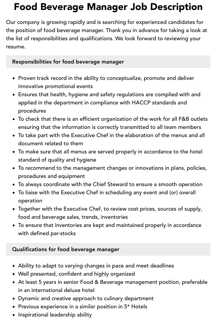 Food And Beverage Manager Job Description Fnb2023