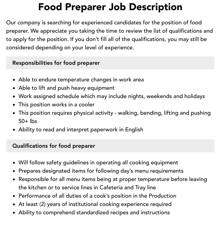 Food Preparer Job Description Velvet Jobs