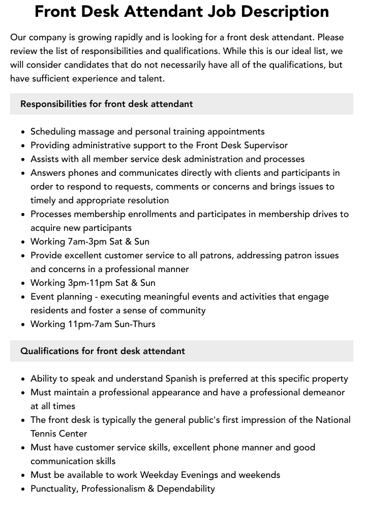 Front Desk Attendant Job Description Velvet Jobs