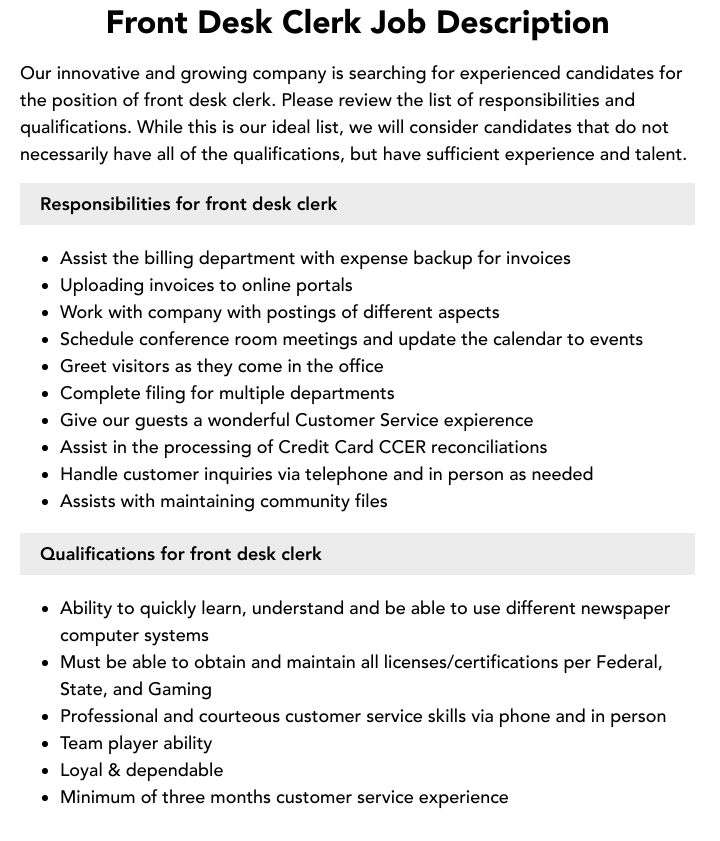 Front Desk Clerk Job Description Velvet Jobs