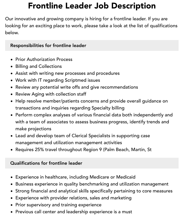 Frontline Leader Job Description Velvet Jobs