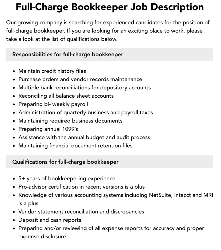 Full Charge Bookkeeper Job Description Velvet Jobs