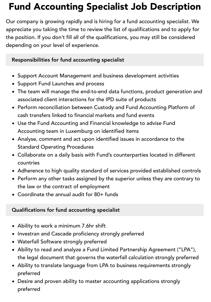 Fund Accounting Specialist Job Description Velvet Jobs