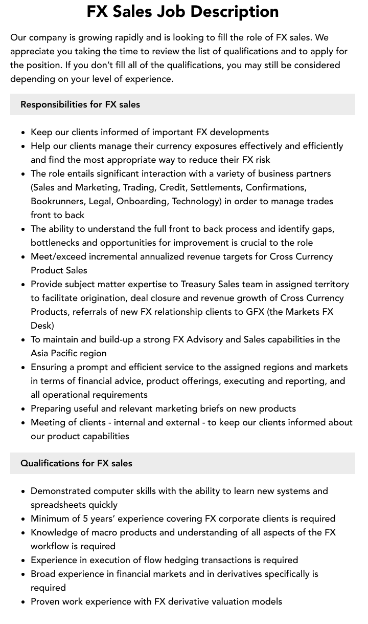 FX Sales Job Description Velvet Jobs