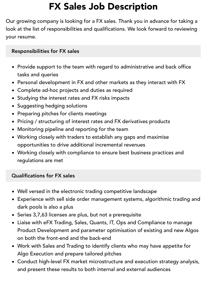 FX Sales Job Description Velvet Jobs