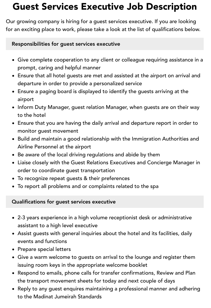 Guest Services Executive Job Description Velvet Jobs Guest Services Executive Job Description Velvet Jobs