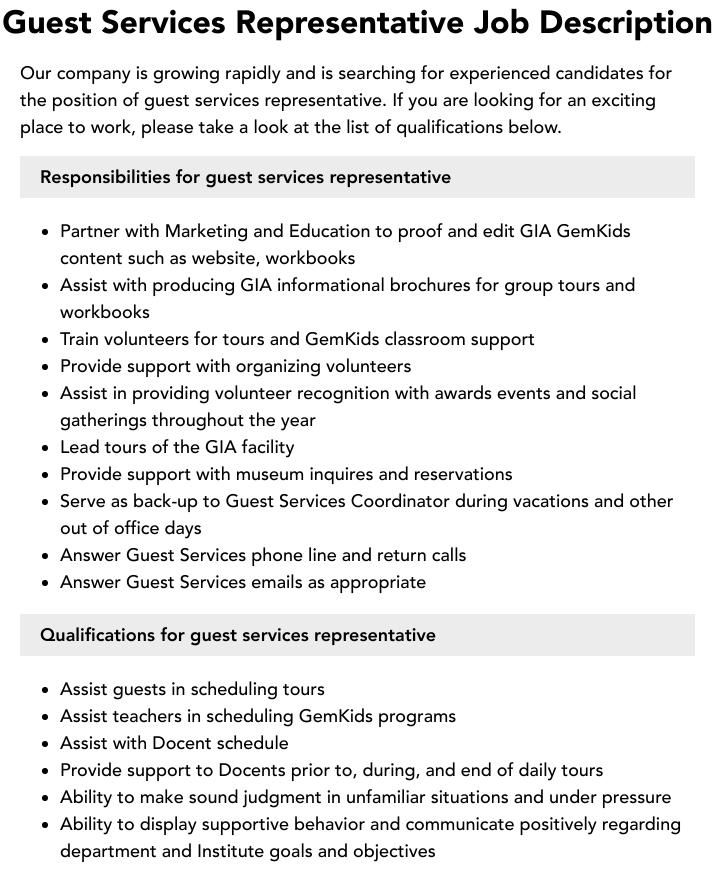 Guest Services Representative Job Description Velvet Jobs Guest Services Representative Job Description Velvet Jobs