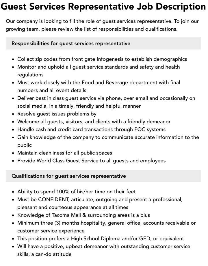 Guest Services Representative Job Description Velvet Jobs Guest Services Representative Job Description Velvet Jobs