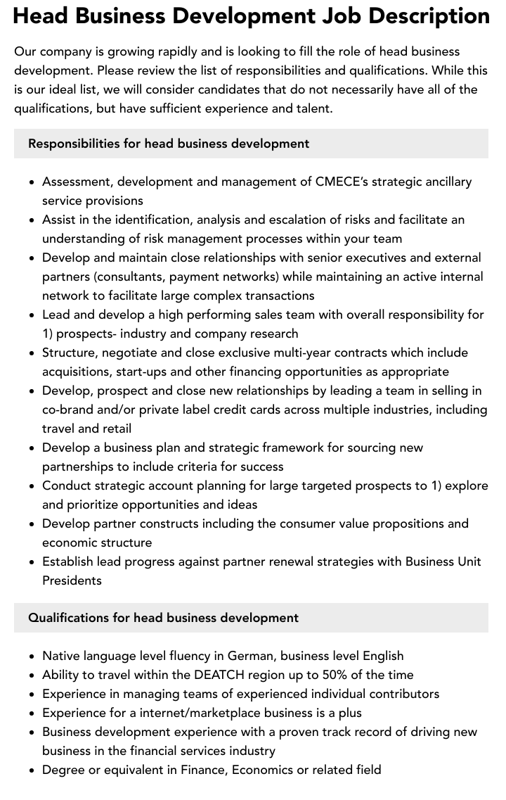 Head Business Development Job Description Velvet Jobs