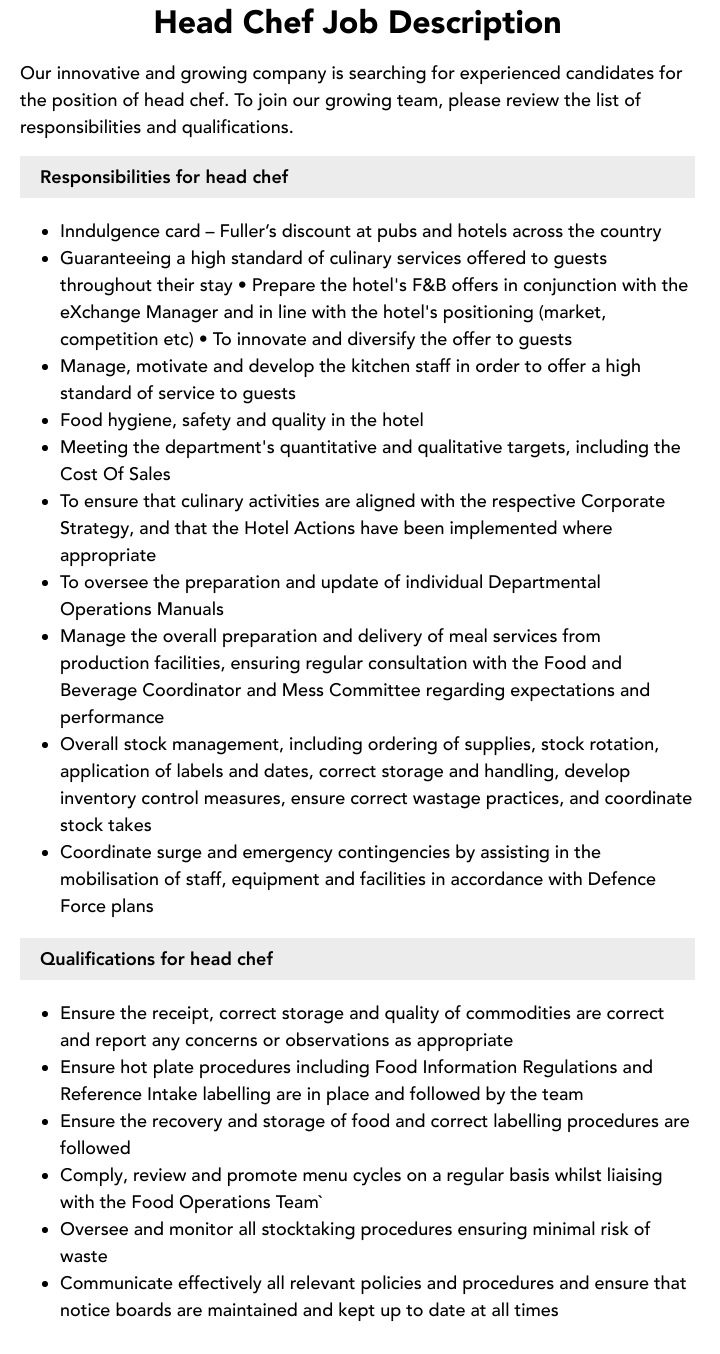 Head Chef Job Description Velvet Jobs