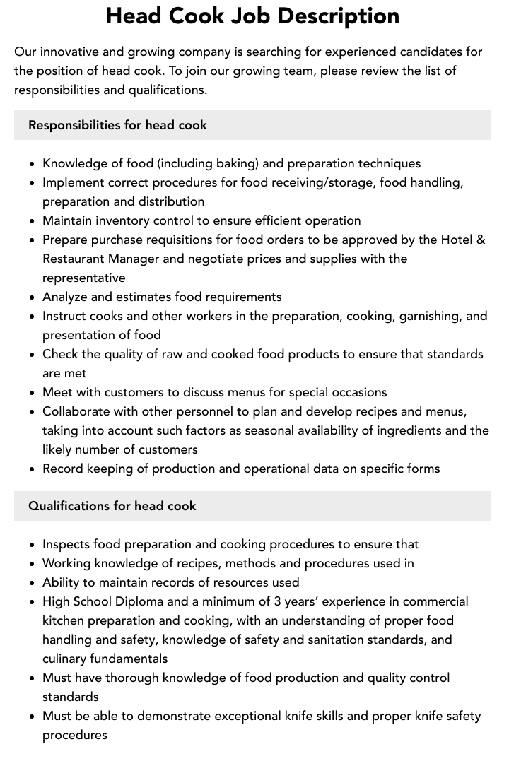 Head Cook Job Description Velvet Jobs