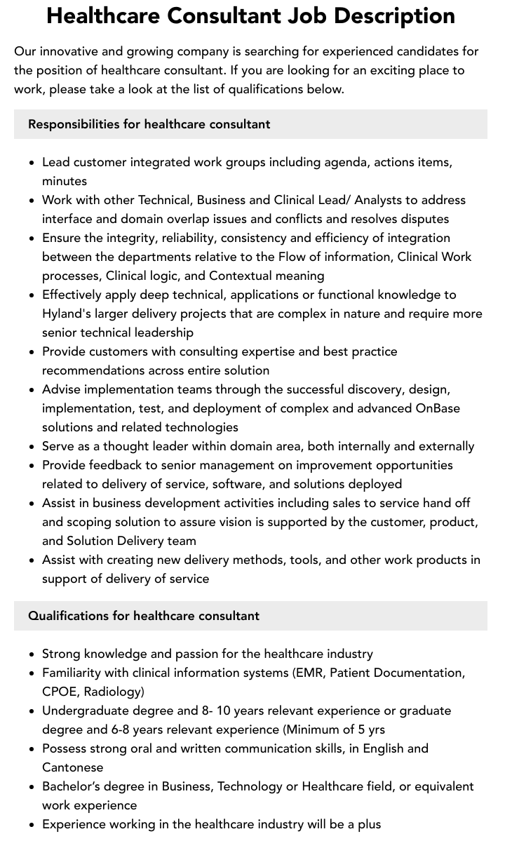 Healthcare Consultant Job Description Velvet Jobs
