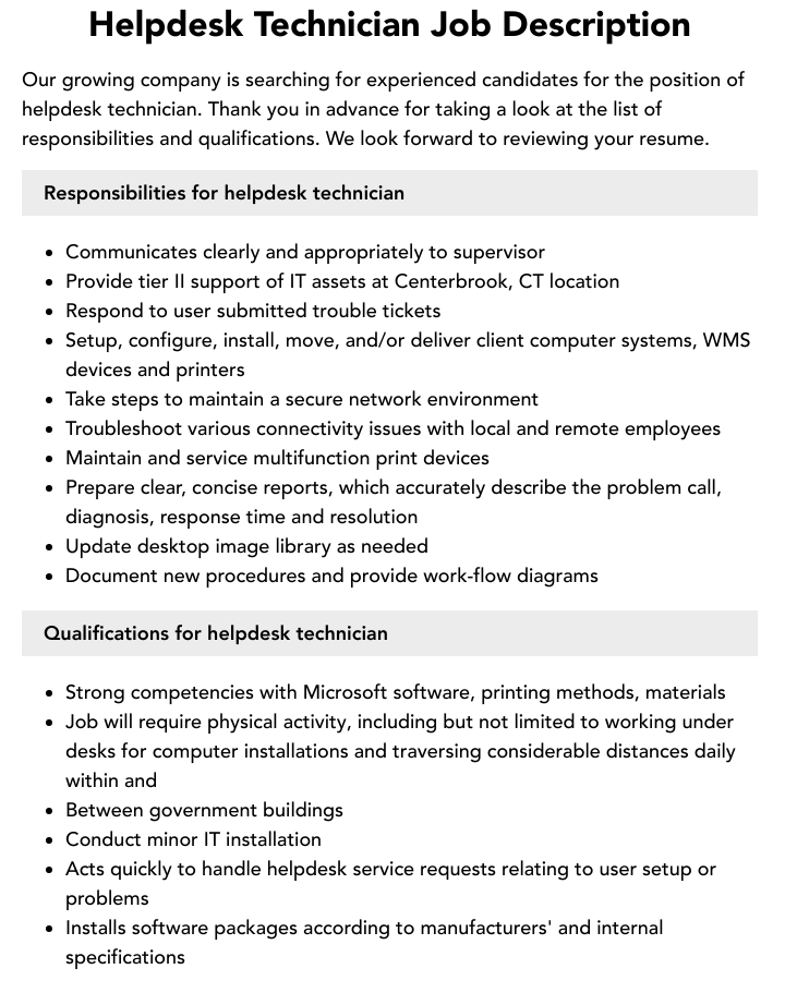 Helpdesk Technician Job Description Velvet Jobs