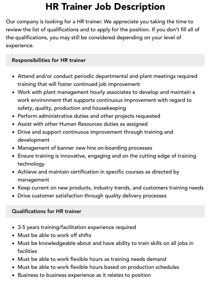 HR Trainer Job Description Velvet Jobs