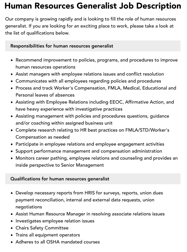 Job Description Human Resources Generalist