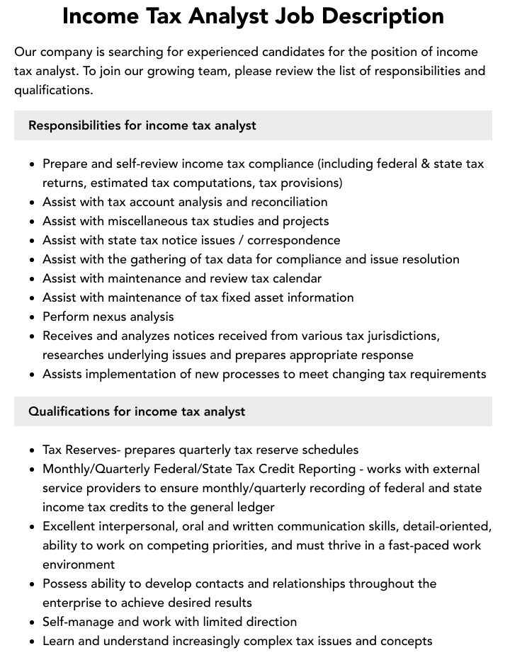 Income Tax Analyst Job Description Velvet Jobs