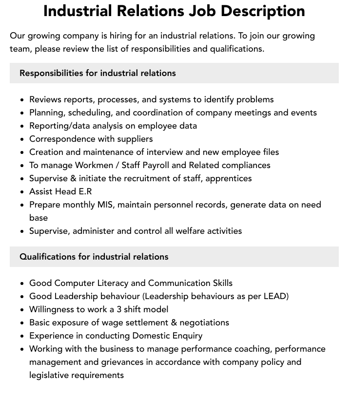 Industrial Relations Job Description Velvet Jobs