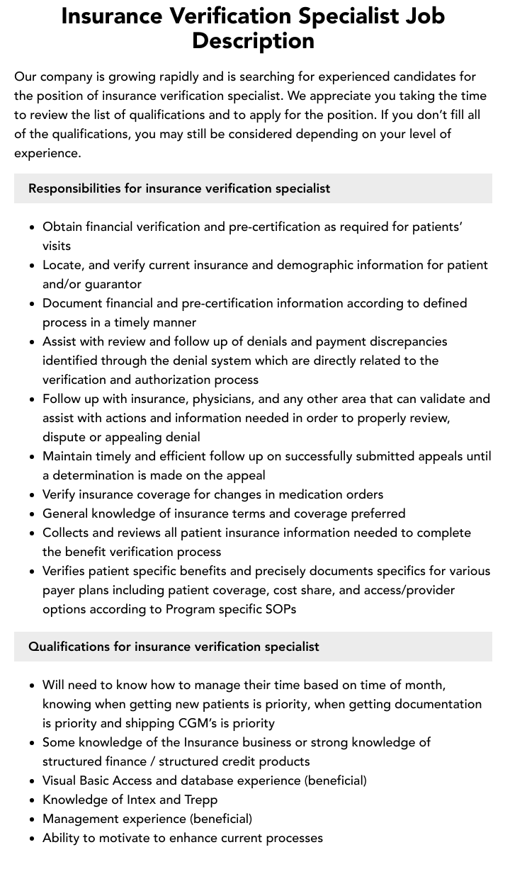 Insurance Verification Specialist Job Description Velvet Jobs