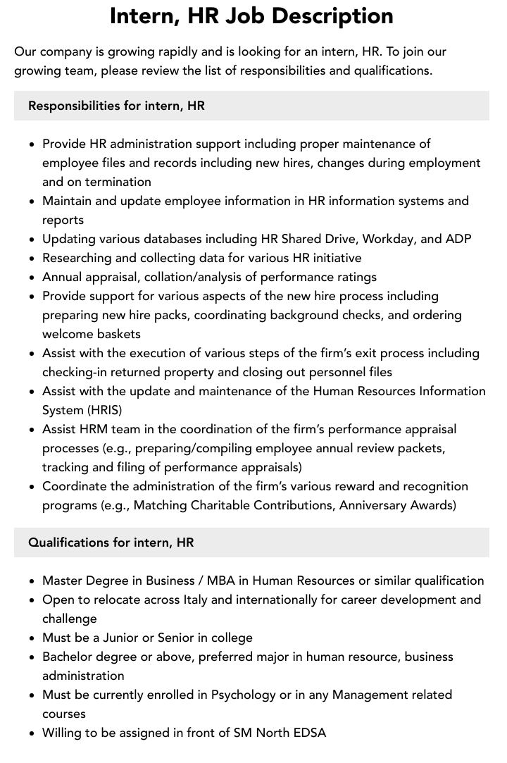 Intern HR Job Description Velvet Jobs