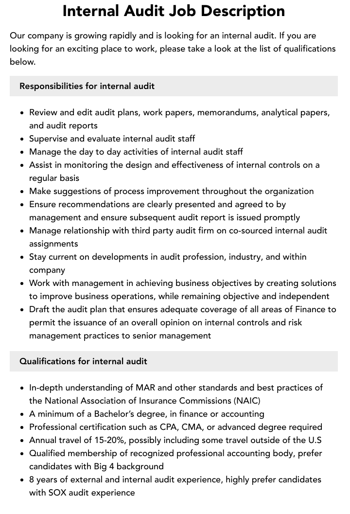 Internal Audit Job Description Velvet Jobs