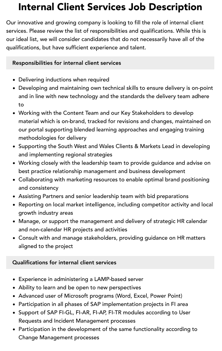 Internal Client Services Job Description Velvet Jobs Internal Client Services Job Description Velvet Jobs