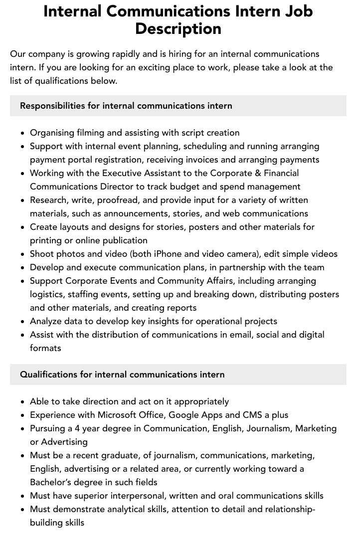 Internal Communications Intern Job Description Velvet Jobs