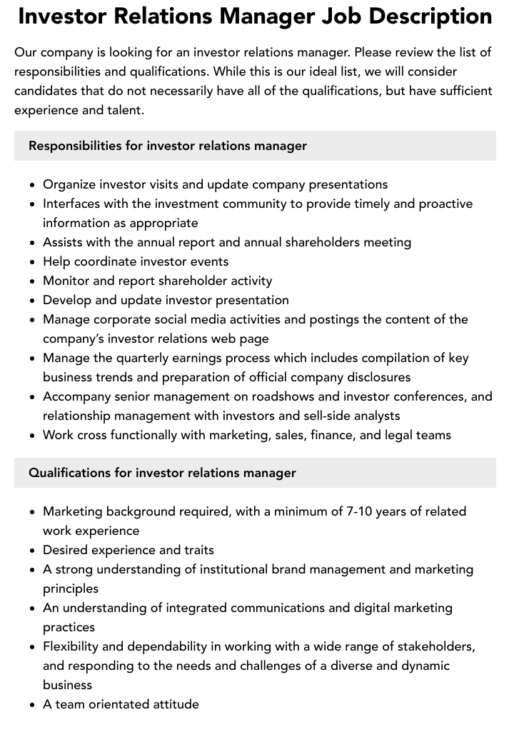 Investor Relations Manager Job Description Velvet Jobs